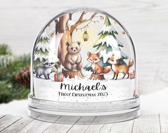 Personligt namn för bebisar snöglob Anpassad första jul söta skogsdjur nyfödd flicka pojke minnessak glitter juldekoration gåva barn