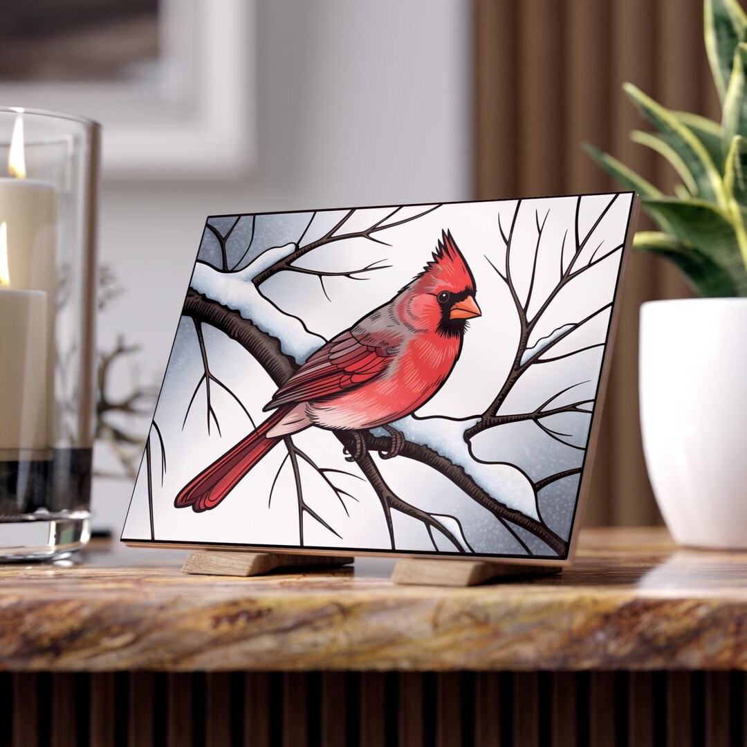 Large Cardinal Display Cardinal Bird Ceramic Tile Stained Glass Print Loss Keepsake Display ...
