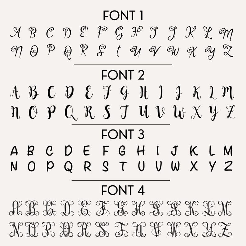 May include: Four different fonts of the alphabet, labeled "Font 1", "Font 2", "Font 3", and "Font 4". Each font is displayed in black on a white background.