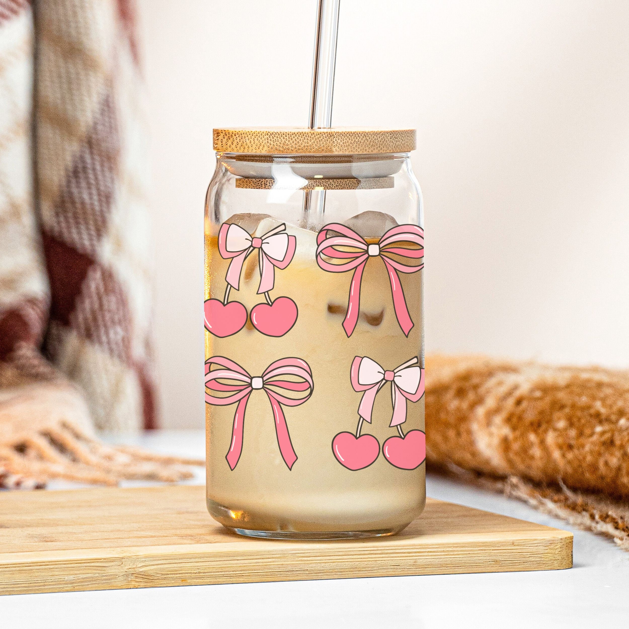 16 Oz Rosa Glasbecher Mit Deckel & Strohhalm – Coquette Schleifen-Design, Borosilikatglas, Für Eiskaffee & Cocktails