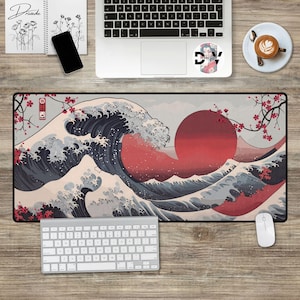 Kanagawa Wave JDM Gaming Desk Mat Japanese Sun Landscape Inspired Large Mousepad Computer Keyboard Pad Decor Custom Anime Sakura Kawaii Art