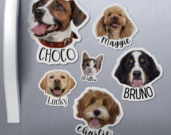 May include: Six refrigerator magnets featuring different pet portraits. The magnets are round and feature a dog or cat with their name printed below. The names are Choco, Maggie, Willow, Lucky, Bruno, and Charlie.