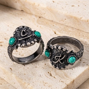 Bague personnalisée de marque de bétail, bijoux du sud-ouest personnalisés, logo ranch, bande Boho turquoise, pierres précieuses, argent délicat, cow-girl initiale, cadeau pour elle