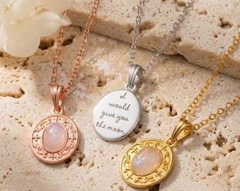 Custom Engraved Moonstone Necklace Custom Dainty Celestial Gemstone Oval Pendant Jewelry Gift Her Mom Silver Rose Gold Birthday Anniversary
