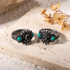 Personalized Cattle Brand Ring Custom South Western Jewelry Ranch Logo Band Boho Turquoise Gemstone Dainty Silver Initial Cowgirl Gift Her