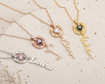 Personalized Name Horseshoe Birthstone Necklace Custom Cowgirl Dainty Lucky Gemstone Western Pendant Jewelry Gift Her Mom Silver Rose Gold
