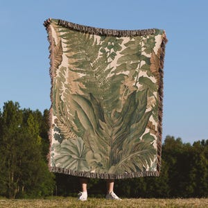 Cottagecore Botanical Woven Blanket Vintage Tapestry Hanging Boho Home Decor Cotton Cozy Throw Green Jacquard Fringed Gift Him Her Couple