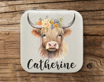 Custom Name Jewelry Box Travel Personalized Boho Cow Western Floral Trinket Storage Organizer Case Bridesmaids Ranch Monogram Gift Mom Her