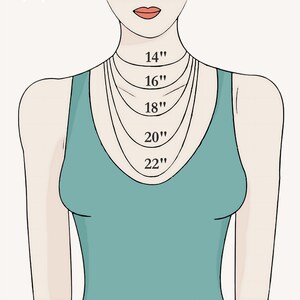 May include: A diagram showing different necklace lengths on a model. The lengths are 14 inches, 16 inches, 18 inches, 20 inches, and 22 inches.
