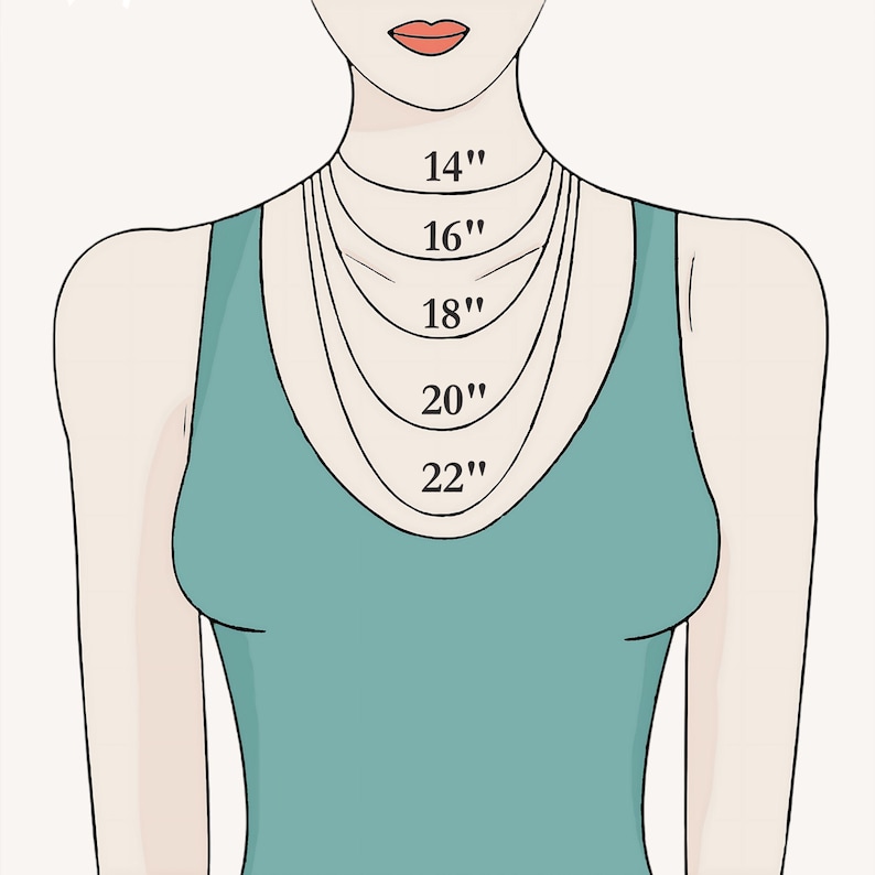 May include: A diagram showing different necklace lengths on a model. The lengths are 14 inches, 16 inches, 18 inches, 20 inches, and 22 inches.
