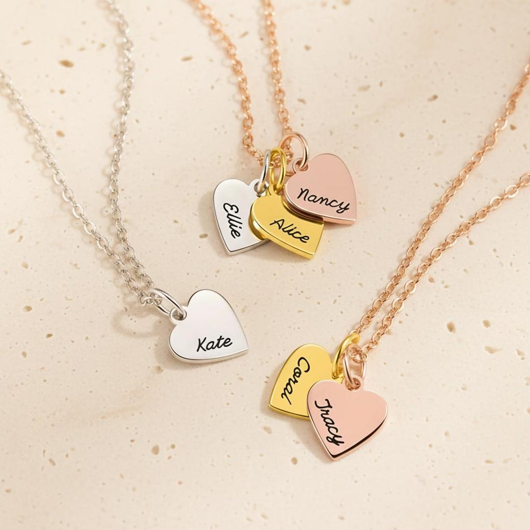 Personalized Family Name Necklace Custom Engraved Dainty Heart Pendant ...