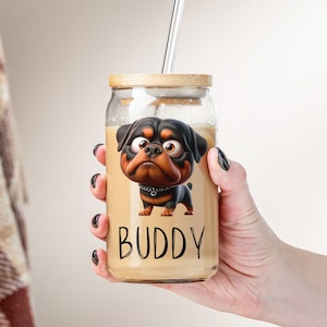 Copo de vidro personalizado com nome de caricatura de cachorro 16oz personalizado engraçado filhote de cachorro copo de café gelado desenho animado lata de cerveja tampa canudo presente para ele mãe e pai