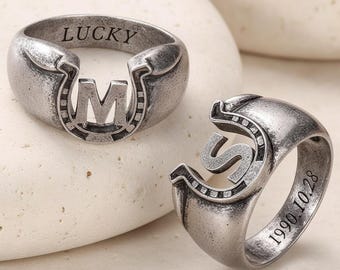 Custom Engraved Horseshoe Initial Ring Personalized Cowgirl Dainty Lucky Western Jewelry Gift Her Him Mom Vintage Silver Horse Anniversary