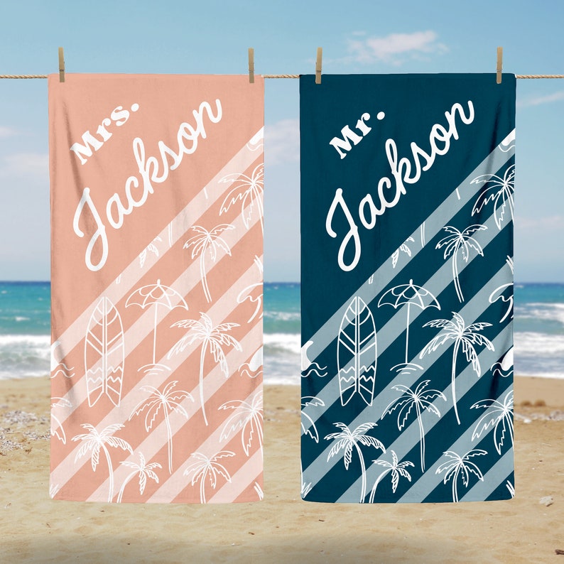 Personalized Mr Mrs Beach Towels Custom Couple Family Name Initials Round Pool Summer Lake Cruise Travel Honeymoon Bride Groom Gift Him Her