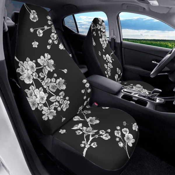Cherry Blossom Sakura Car Seat Covers Set Custom JDM Cover Japanese Inspired Floral Design Graphic Black White Minimalist Cute Anime Kawai