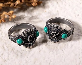 Personalized Cattle Brand Ring Custom South Western Jewelry Ranch Logo Band Boho Turquoise Gemstone Dainty Silver Initial Cowgirl Gift Her