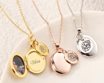 Custom Birth Flower Photo Locket Necklace Personalized Engraved Name Oval Pendant Vintage Silver Gold Memorial Keepsake Gift Her Mom Grandma