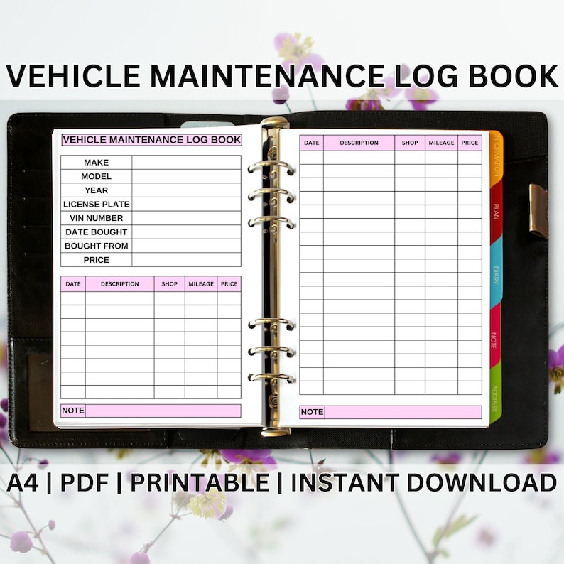 Printable Vehicle Maintenance Log Book Expense Tracker Planner Etsy