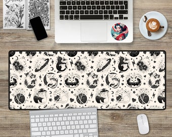 Celestial Cats Gaming Desk Mat Aesthetic Custom Large Cute Mouse Pad Gift Boho Moon Phase Funny Lunar Zodiac Crescent Witchy Galaxy Kittens