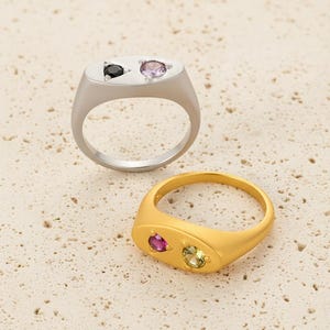 May include: Two signet rings with gemstone accents. One ring is silver-toned with a black and a lavender-coloured stone. The other ring is gold-toned with a pink and a light green stone. Both rings have an oval face.