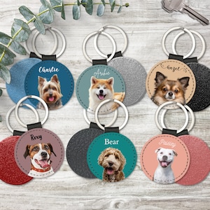 Porte-clé photo personnalisé pour animal de compagnie, portrait personnalisé de chien, chat, nom en cuir, porte-clés breloque anniversaire, cadeau d'anniversaire pour lui, sa maman, son père