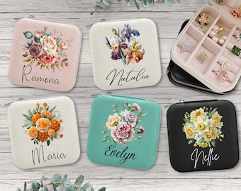 Custom Name Jewelry Box Travel Personalized Boho Birth Flower Bouquet Organizer Case Bachelorette Bridesmaids Favors Gift Friend Mom Her