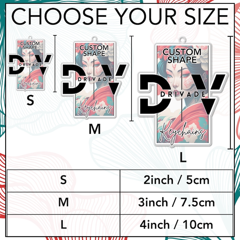 May include: Three sizes of custom shape keychains featuring a black and white graphic of the letters "DV" with a Japanese-inspired design. The keychain is available in small, 2 inches; medium, 3 inches; and large, 4 inches.