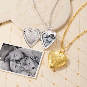 Custom Photo Locket Necklace Personalized Picture Engraved Name Heart Pendant Vintage Silver Rose Gold Memorial Keepsake Gift Mom Grandma