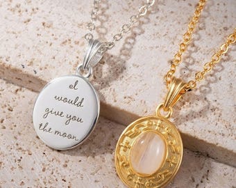 Custom Engraved Moonstone Necklace Custom Dainty Celestial Gemstone Oval Pendant Jewelry Gift Her Mom Silver Rose Gold Birthday Anniversary
