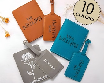 Custom SET Passport Cover & Luggage Tag Personalized Name Monogram Leather Holiday Travel Gift Couple Honeymoon Anniversary Him Her Family