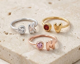Personalized Bubble Initial Letter Birthstone Ring Custom 3D Dainty Stackable Gemstone Jewelry Gift Her Mom Silver Rose Gold 18K Anniversary