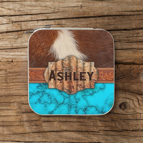 Custom Name Jewelry Box Travel Case Personalized Boho Cowhide Turquoise Western Trinket Storage Organizer Ranch Monogram Gift Rodeo Mom Her