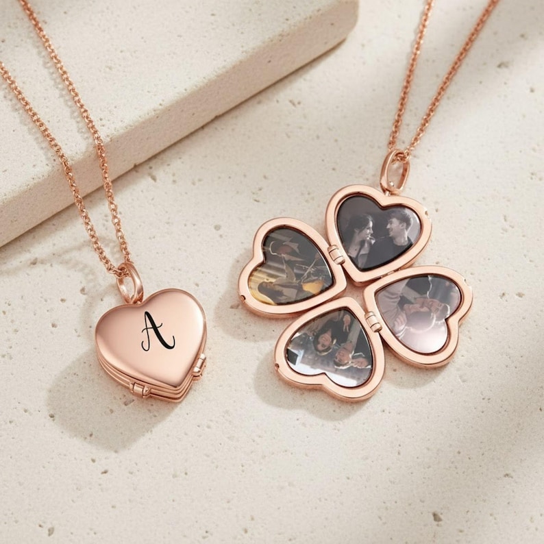 Custom Photo Locket Necklace Personalized 4 Picture Engraved Name Heart Clover Pendant Vintage Silver Rose Gold Memorial Gift Mom Grandma image 7