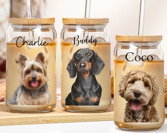 Custom Dog Photo Portrait Name Glass Tumbler 16oz Personalized Picture Pet Memorial Iced Coffee Cup Beer Can Lid Straw Gift Him Her Mom Dad