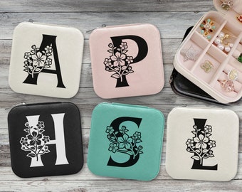 Custom Initial Jewelry Box Travel Personalized Floral Name Storage Organizer Case Bachelorette Bridesmaids Bride Favors Monogram Gift Her