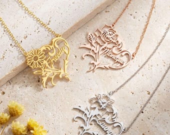 Custom Name Birth Flower Heart Necklace Personalized Dainty Floral Pendant Jewelry Birthday Gift Her Mom Girl Bridesmaids Silver Rose Gold
