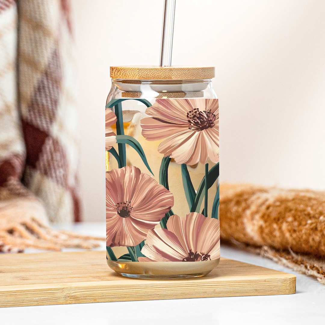 Floral Glass Tumbler 16oz Cottagecore Flowers Art Boho Iced Coffee Tea ...