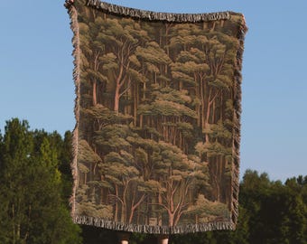 Mountain Forest Trees Woven Blanket Vintage Tapestry Hanging Boho Home Decor Cotton Cozy Throw Green Jacquard Fringed Gift Him Her Couple