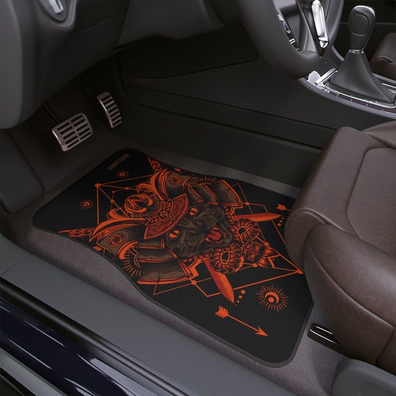Kitten Samurai Car Floor Mats Set Custom JDM Car Mats for Cat lover Japanese Inspired Orange Yellow Black JDM Design Japanese Warrior Pets