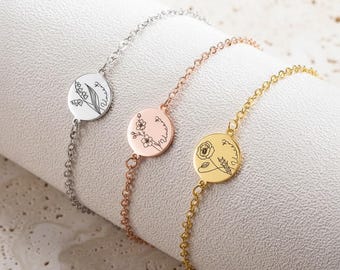 Personalized Birth Flower Name Bracelet Custom Engraved Dainty Birth Month Bridesmaids Jewelry Gift Her Silver Rose Gold Floral Mom Grandma