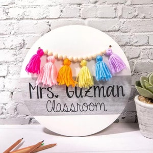 Personalized Classroom Door Sign Boho Tassel Custom Name Teacher Appreciation Gift Rainbow Hanger Welcome Back To School Grade Wooden Decor