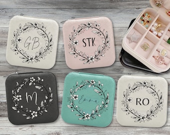 Custom Initial Jewelry Box Travel Personalized Floral Name Storage Organizer Case Bachelorette Bridesmaids Bride Favors Monogram Gift Her
