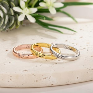 Custom Birth Flower Ring Personalized Engraved Dainty Name Floral Band Silver Rose Gold Minimalist Simple Friendship Jewelry Gift Her Mom