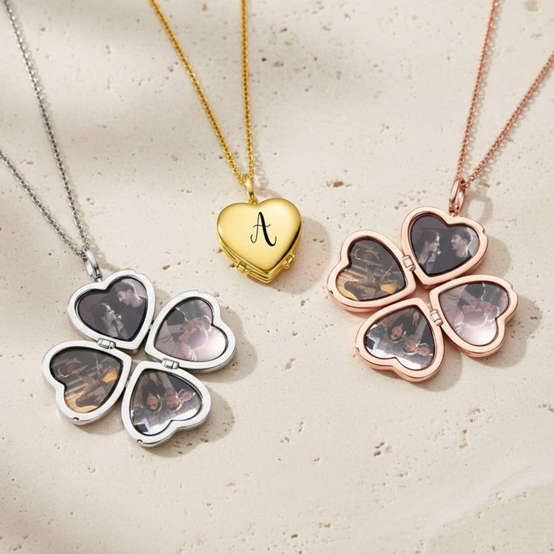 Custom Photo Locket Necklace Personalized 4 Picture Engraved Name Heart Clover Pendant Vintage Silver Rose Gold Memorial Gift Mom Grandma image 2