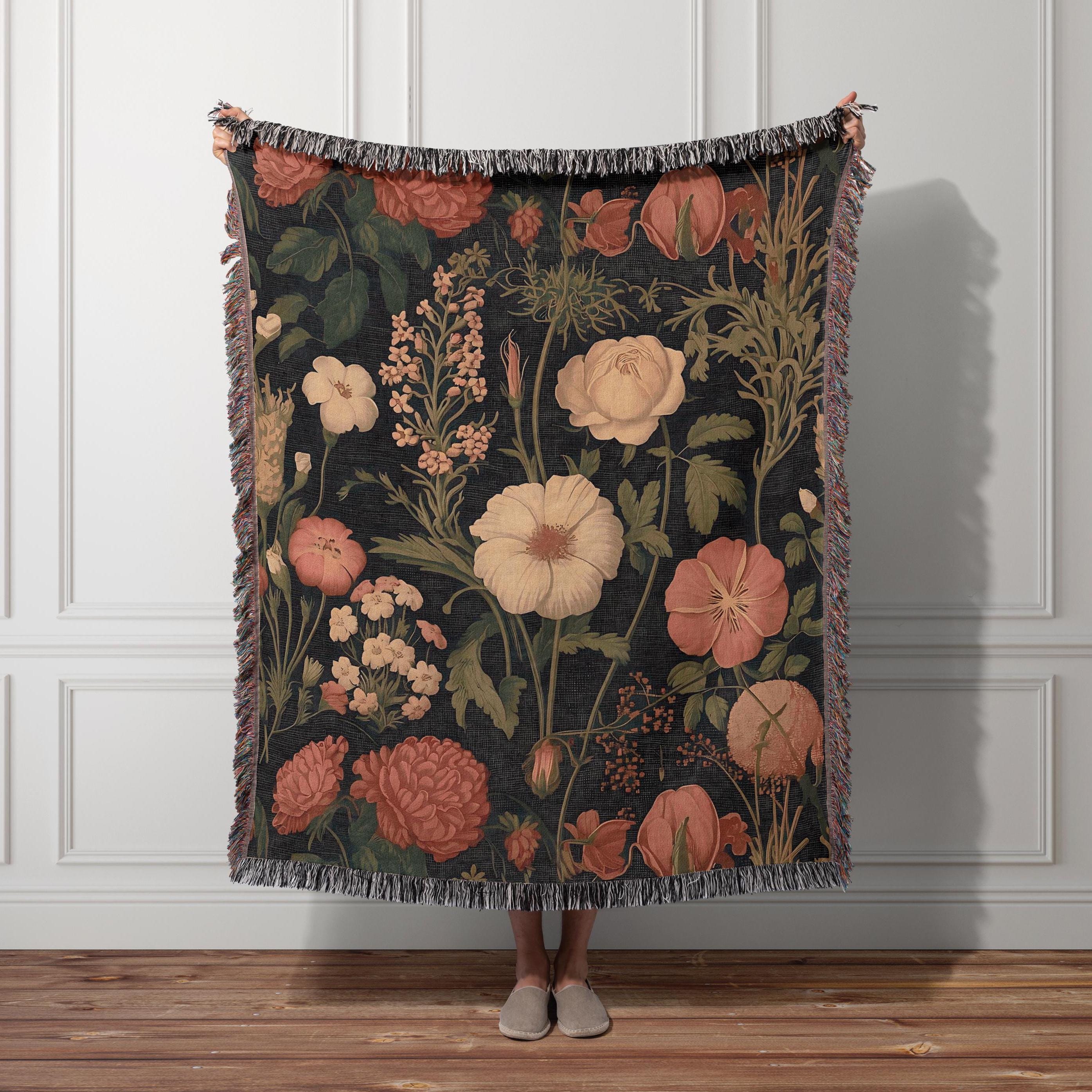 Cottagecore Floral Woven Blanket Vintage Tapestry Hanging Boho Home Decor Cotton Cozy Throw Wildflower Jacquard Fringed Gift Him Her Couple