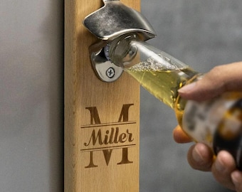 Custom Wall Mount Bottle Opener Personalized Engraved Wood Monogram Logo Name Beer Groomsmen Father Husband Boyfriend Dad Gift Him Man Cave