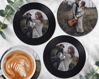 Custom Vinyl Record Photo Coasters SET OF 6 Personalized Retro Picture Drink Mat Family Couple Wedding Anniversary Housewarming Gift Him Her