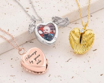 Personalized Photo Locket Urn Necklace Custom Angel Wings Cremation Ashes Engraved Pendant Silver Rose Gold Memorial Keepsake Gift Her Pet