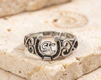 Custom Engraved Horseshoe Initial Ring Personalized Cowgirl Dainty Lucky Western Jewelry Gift Her Mom 925 Sterling Silver Horse Anniversary