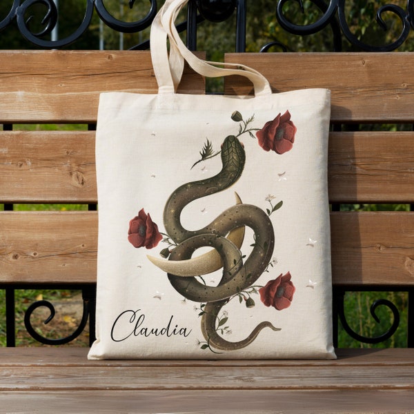 Nom personnalisé Tote Bag Personnalisé Witchy Cottagecore vintage Snake Roses Floral Shopping Library Cadeau Son Monogramme de voyage Grande Esthétique